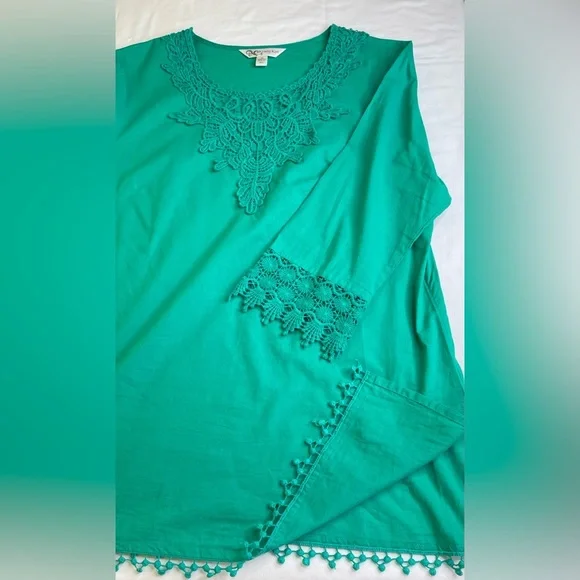 Krazy Kat Green Tunic Embroidered Fringe Hem Size Medium - Picture 4 of 7